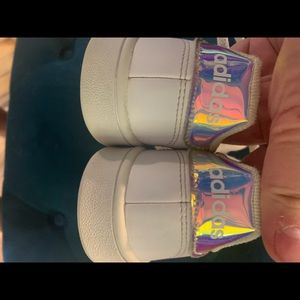 Adidas shoes, lace up, white/holographic, size 2